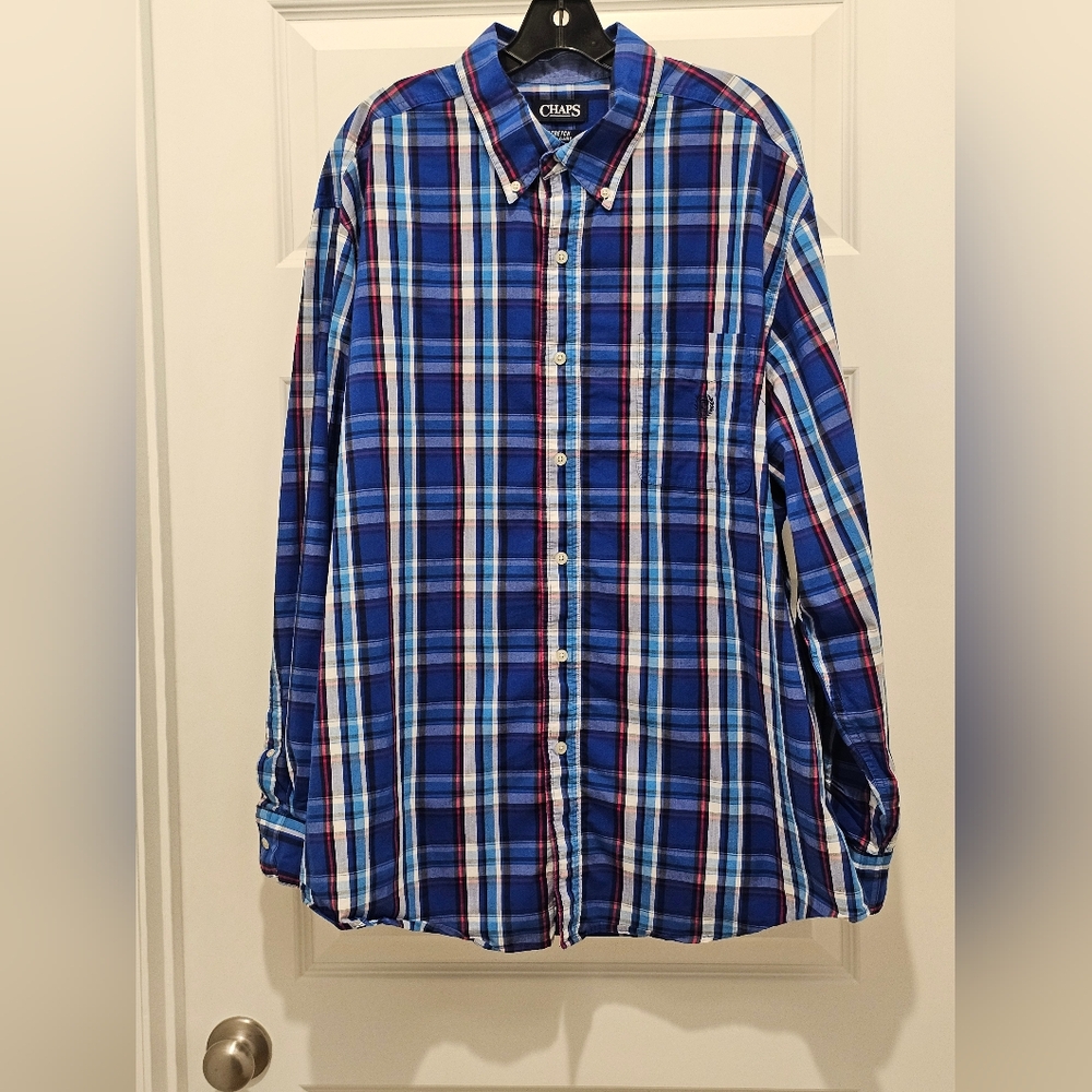 Chaps Stretch Easy Care Men's LS Button Down Plaid Shirt, EUC, Size 2XB